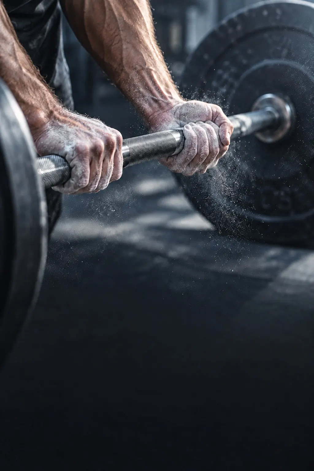 Chalked hands gripping a loaded barbell.